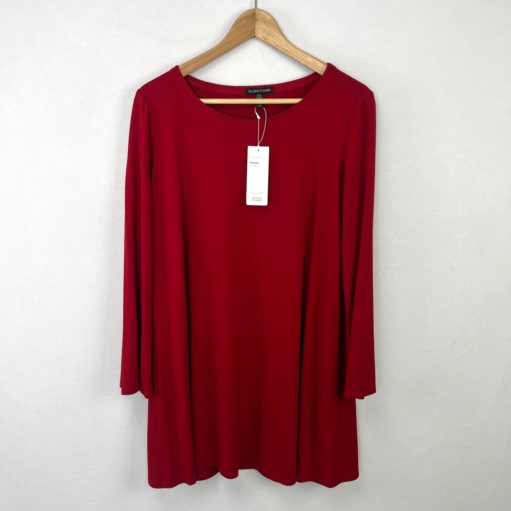 Eileen Fisher NWT Round Neck Tunic Top‎ Red Minimalist Lagenlook Sz M